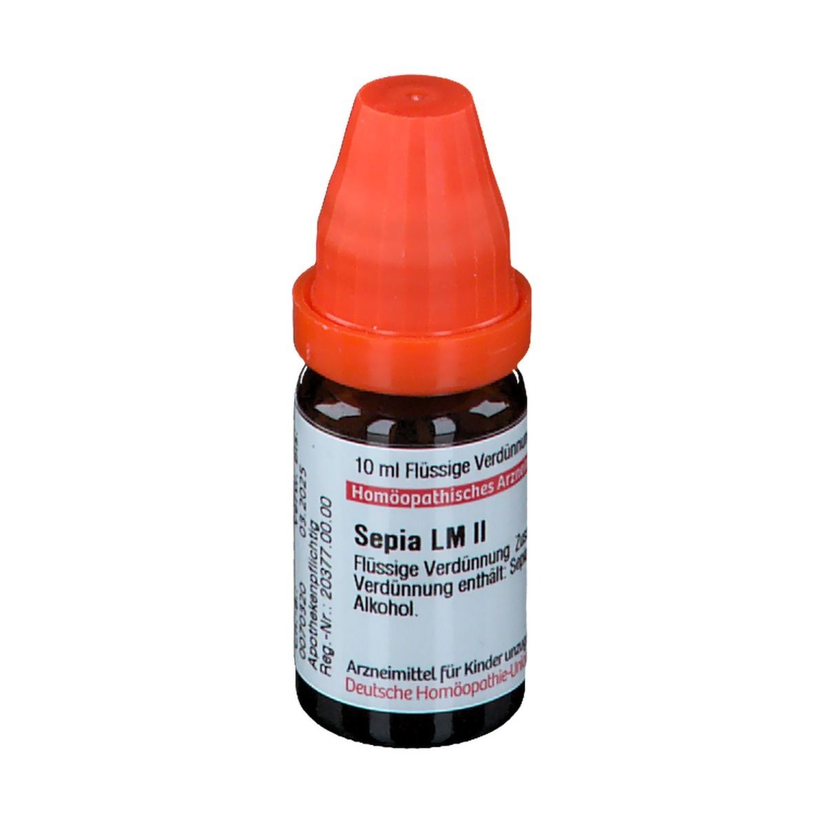 Braune Glasflasche mit orangefarbenem Verschluss. Beschriftung: Sepia LM II, 10 ml Flüssige Verdünnung, Homöopathisches Arzneimittel.