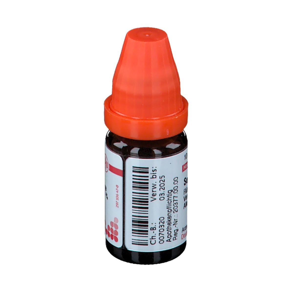 Braune Glasflasche mit orangefarbenem Verschluss. Barcode und Beschriftung: Verwendbar bis 03.2025, Apothekenpflichtig.