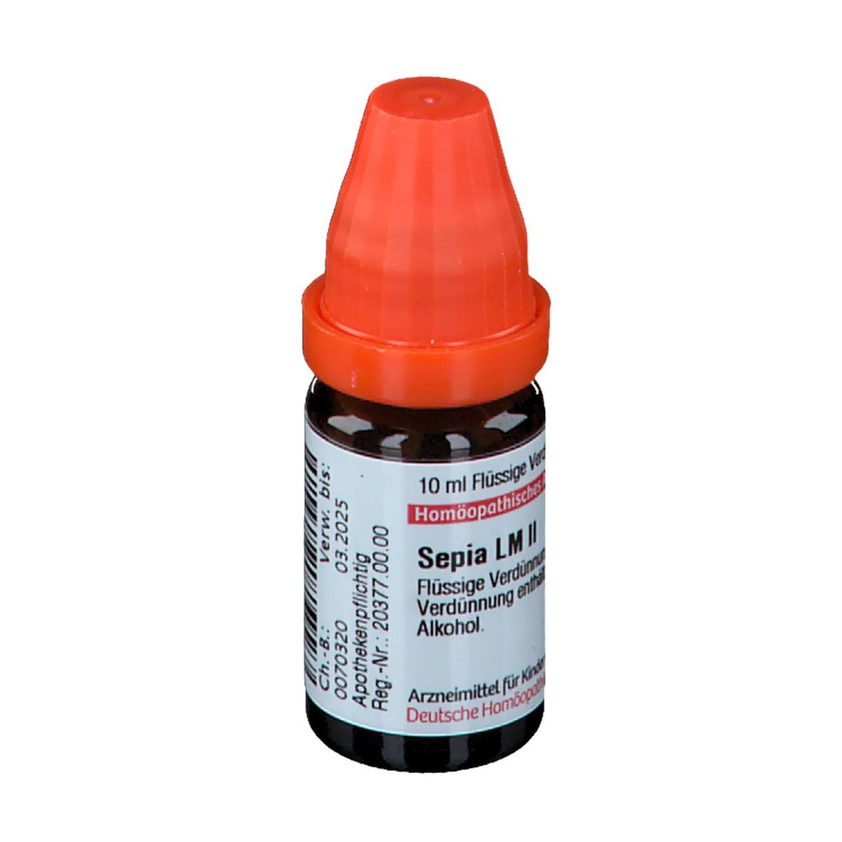 Braune Glasflasche mit orangefarbenem Verschluss. Beschriftung: Sepia LM II, 10 ml Flüssige Verdünnung, Homöopathisches Arzneimittel.