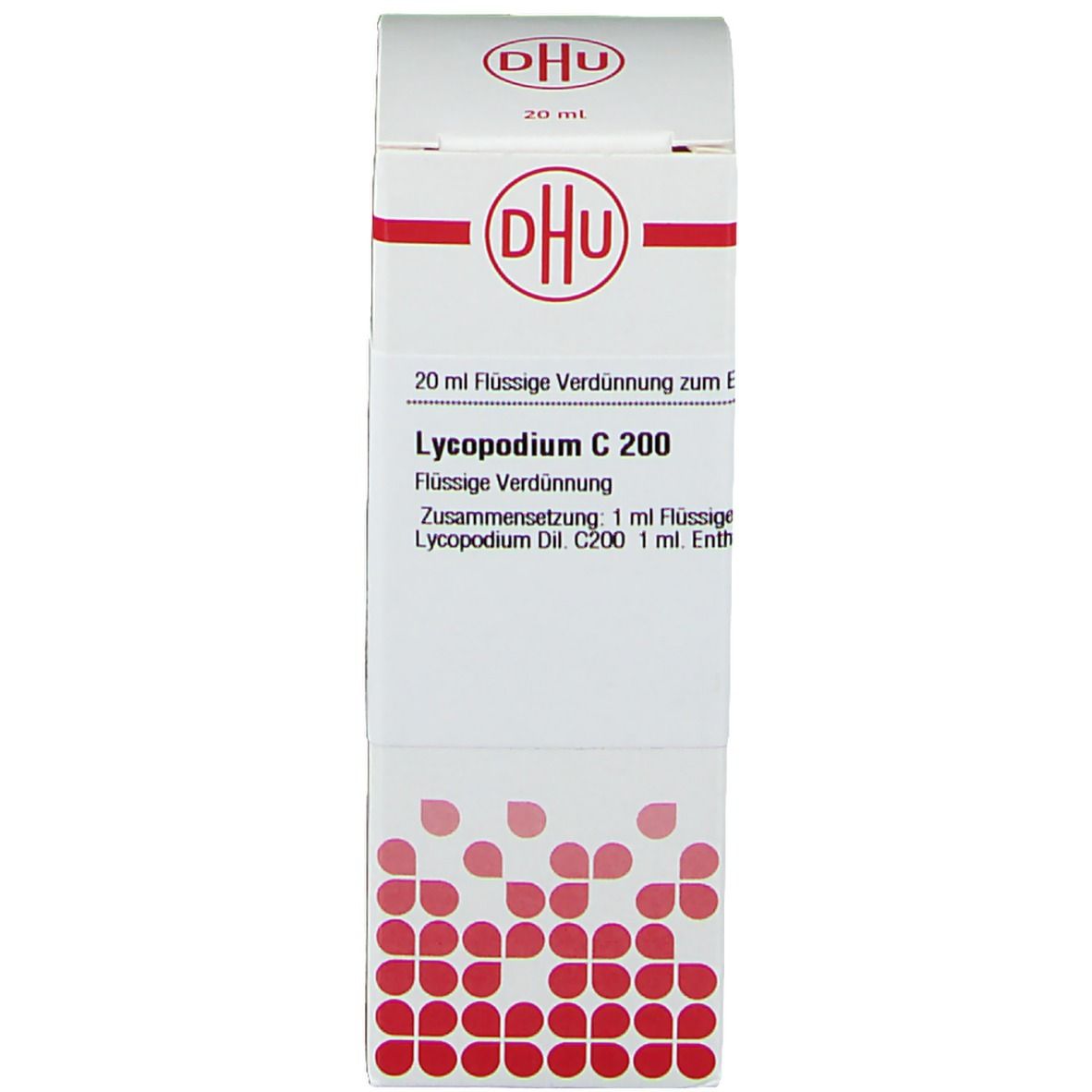 Weiße Schachtel mit roter Beschriftung und DHU-Logo. DHU Lycopodium C200.
