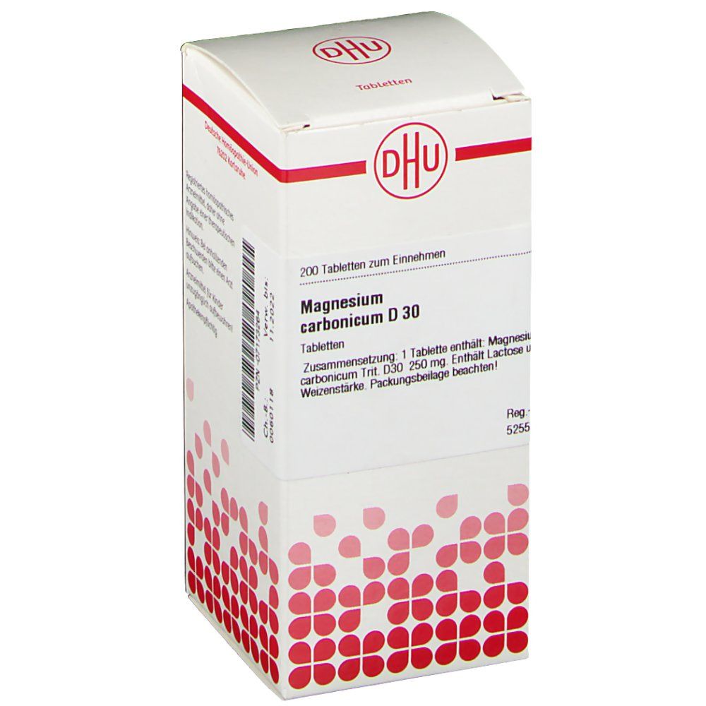 Weiße Schachtel mit rotem DHU-Logo und Text. Aufschrift: Magnesium carbonicum D 30 Tabletten. 200 Tabletten zum Einnehmen. Zusammensetzung.