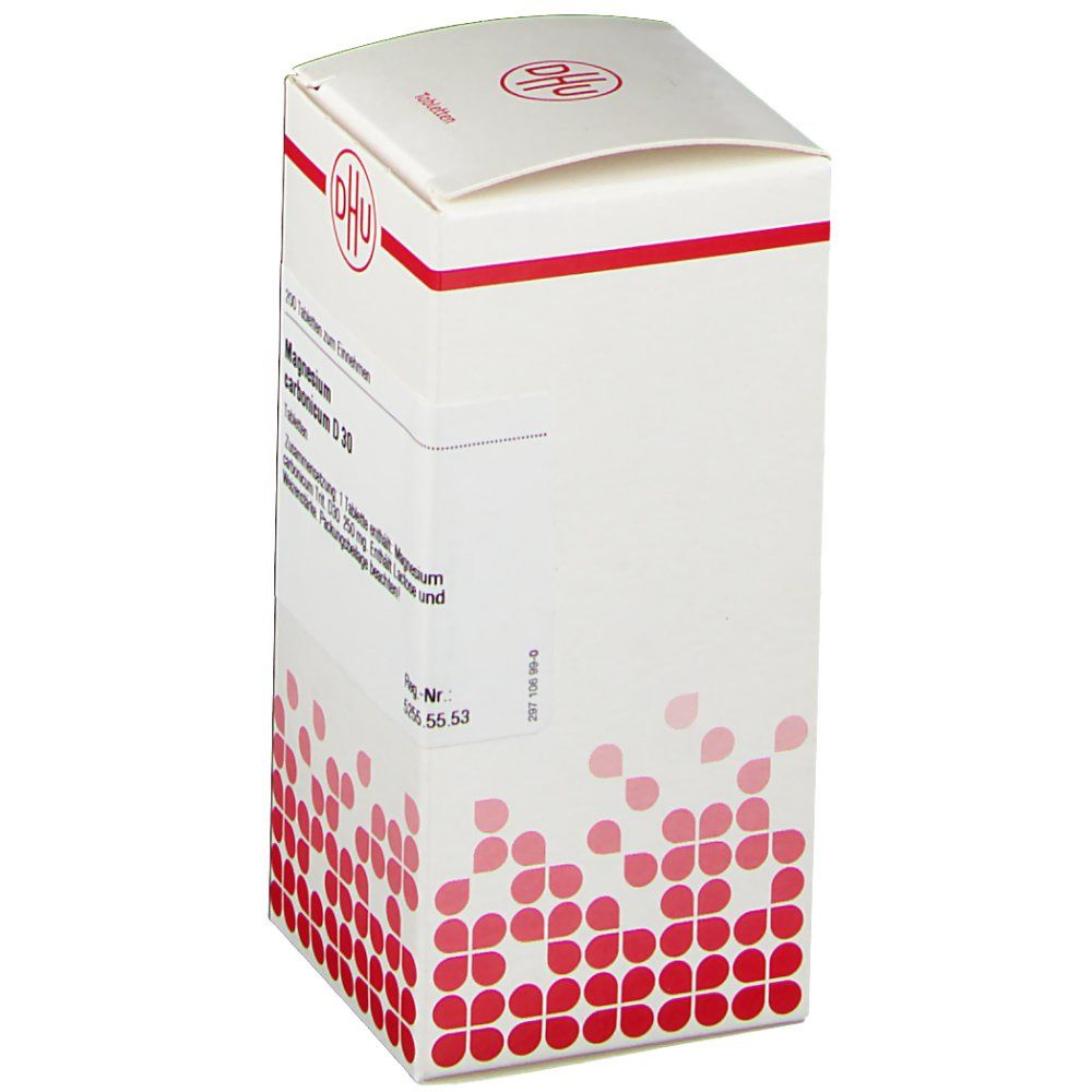 Weiße Schachtel mit rotem DHU-Logo und Text. Aufschrift: Magnesium carbonicum D 30 Tabletten. Zusammensetzung. Rote, blütenförmige Muster.