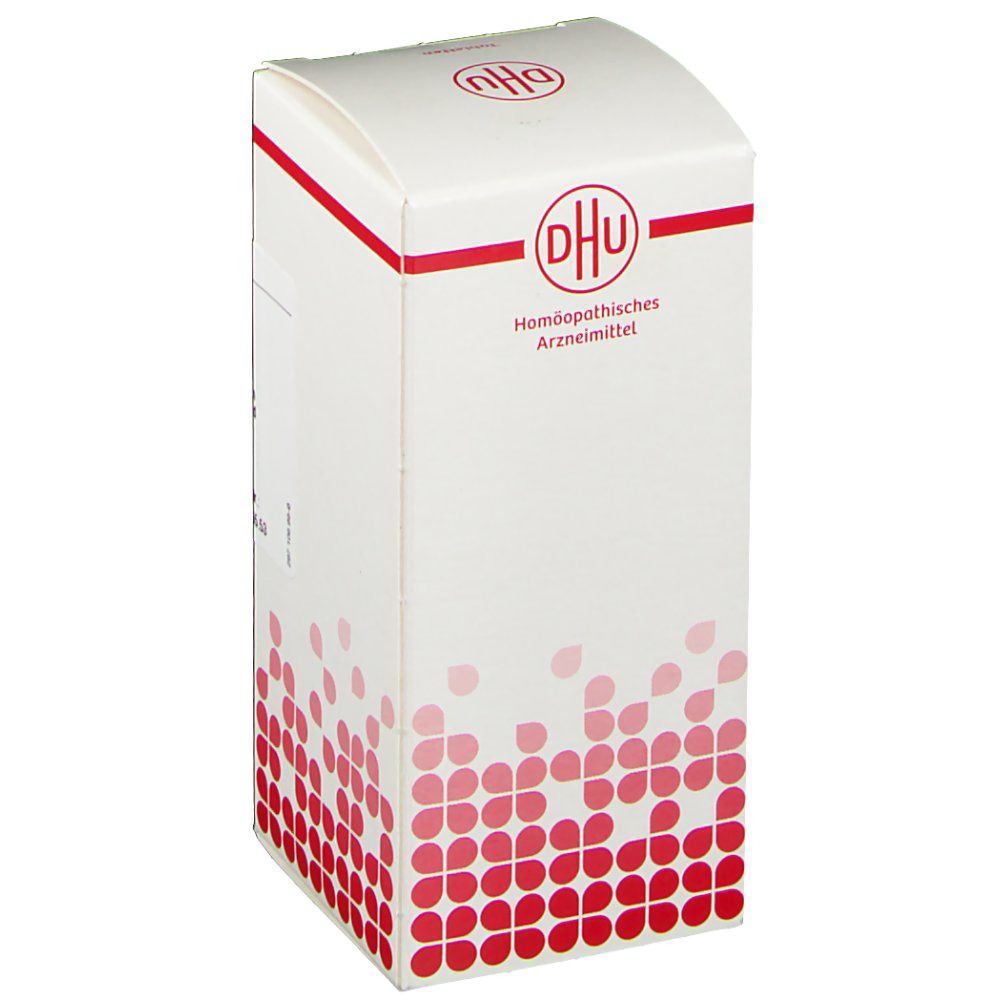 Weiße Schachtel mit rotem DHU-Logo und Text. Aufschrift: Homöopathisches Arzneimittel. Rote, blütenförmige Muster.