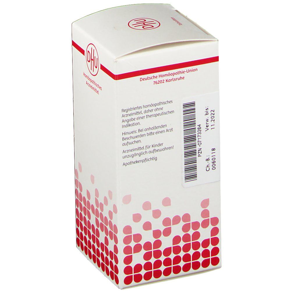 Weiße Schachtel mit rotem DHU-Logo und Text. Aufschrift: Deutsche Homöopathie-Union. Barcode und weitere Informationen.