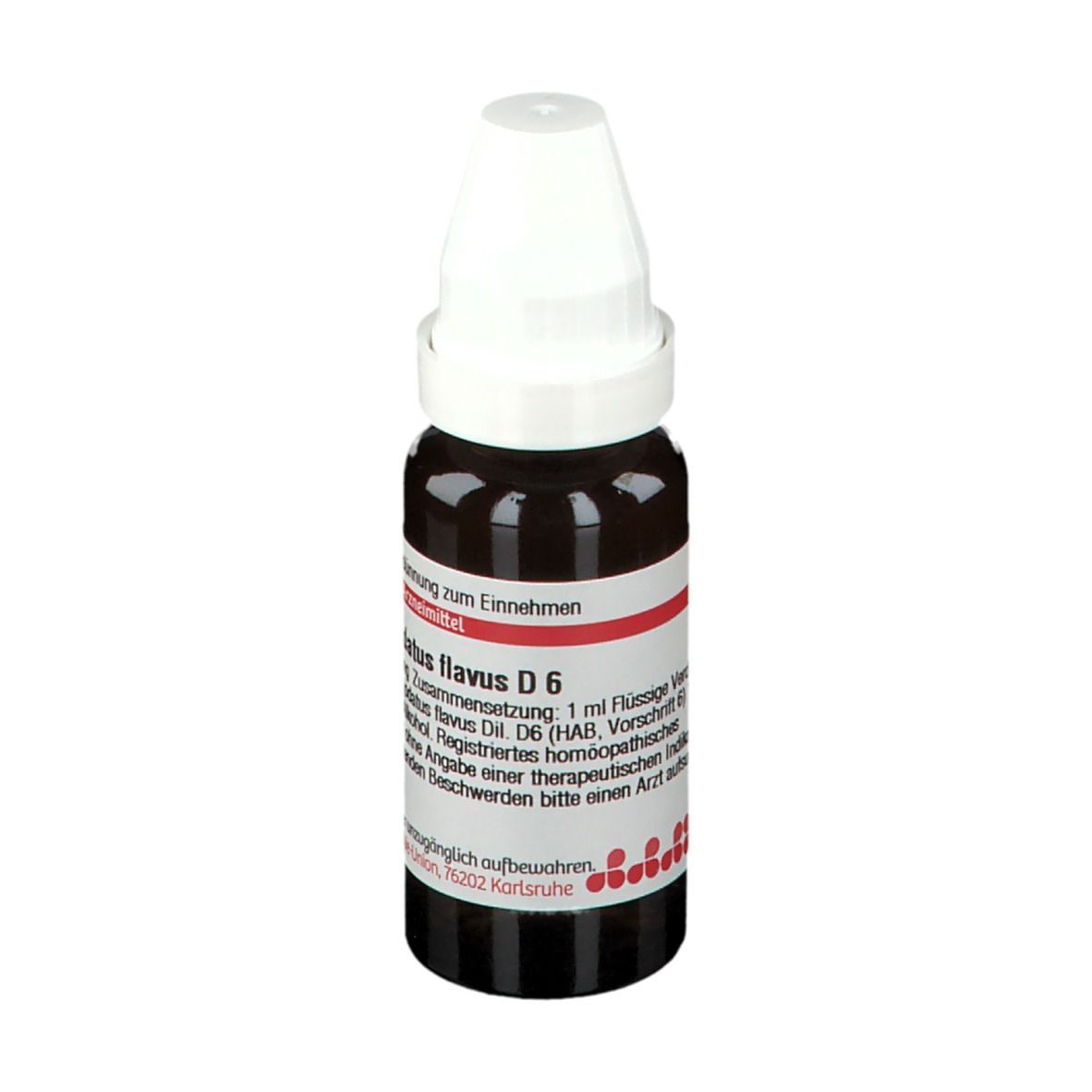 Braune Glasflasche mit weißem Verschluss. Etikett mit Produktinformationen. Flüssige Verdünnung D6.