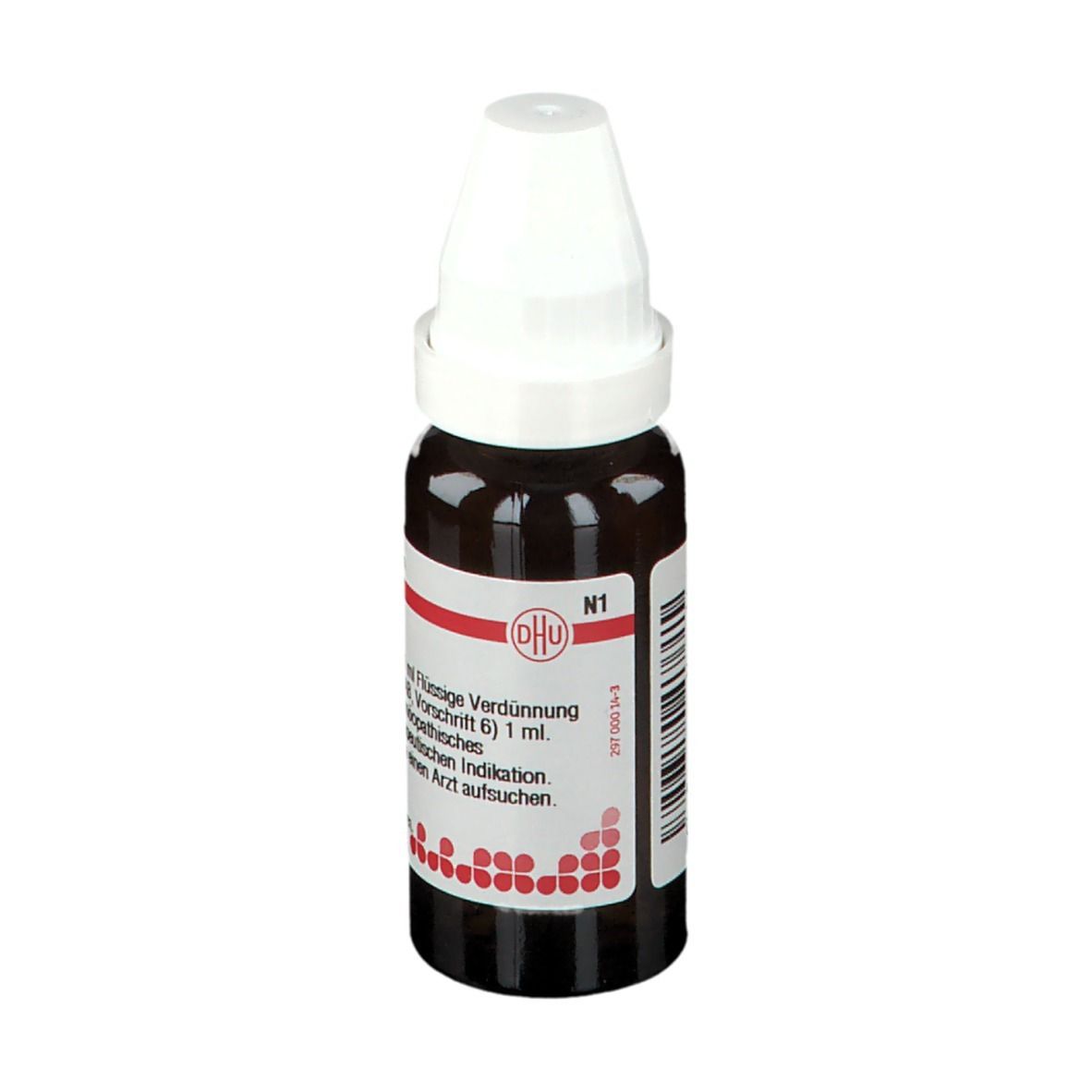 Braune Glasflasche mit weißem Verschluss. Etikett mit Produktinformationen und DHU Logo.