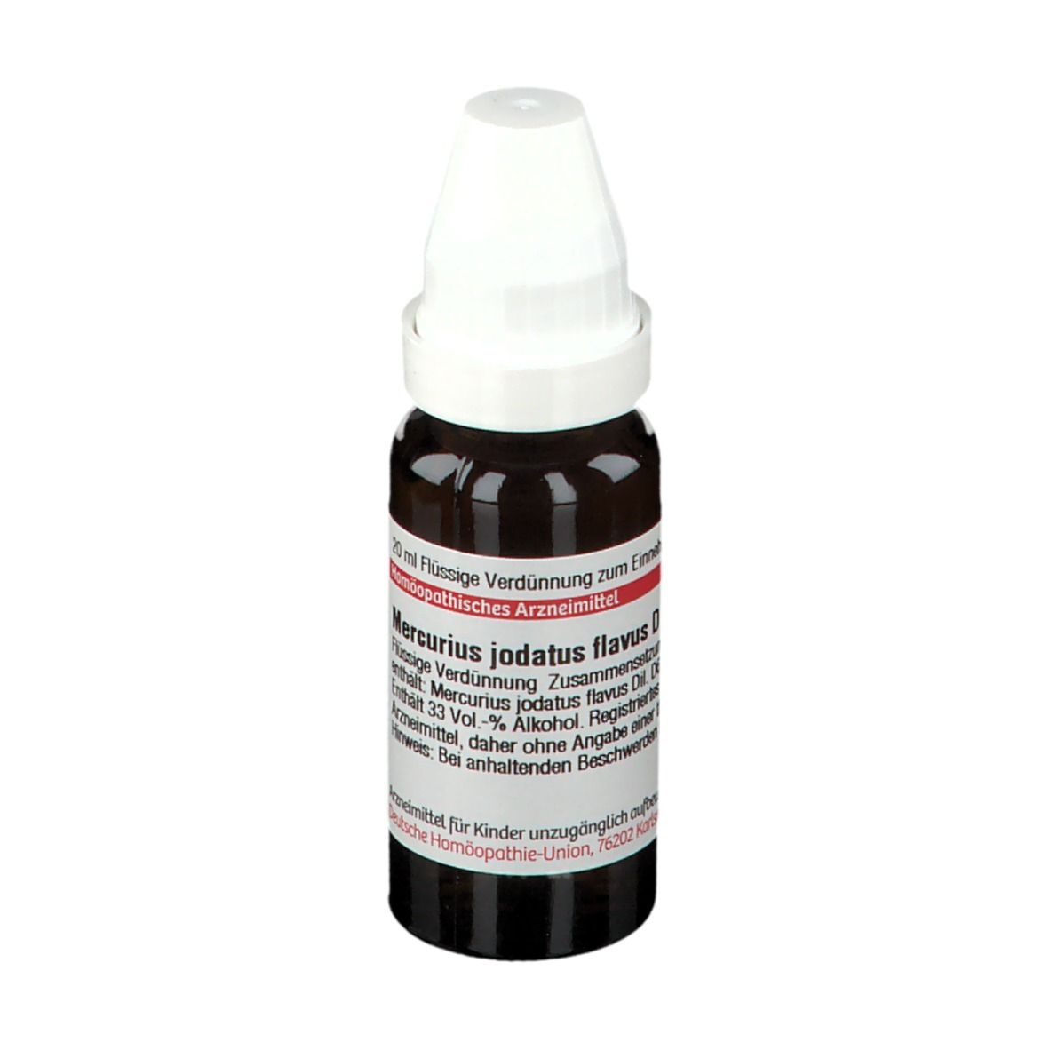 Braune Glasflasche mit weißem Verschluss. Etikett mit Produktinformationen. Flüssige Verdünnung.