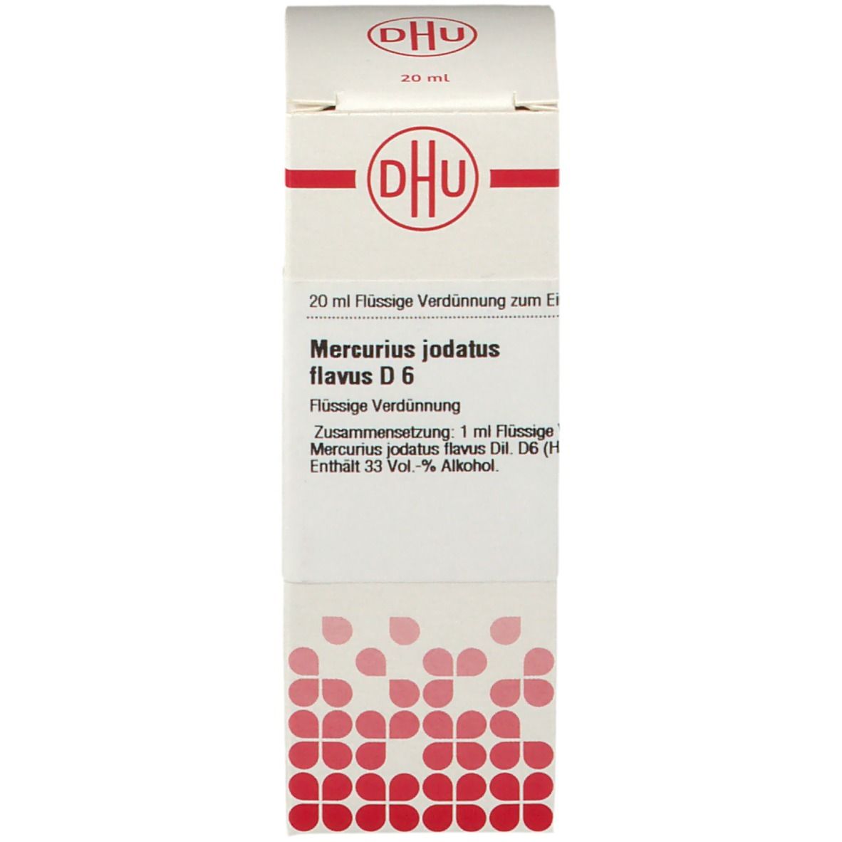 Verpackung mit DHU Logo und Produktinformationen. Braune Glasflasche mit weißem Verschluss.