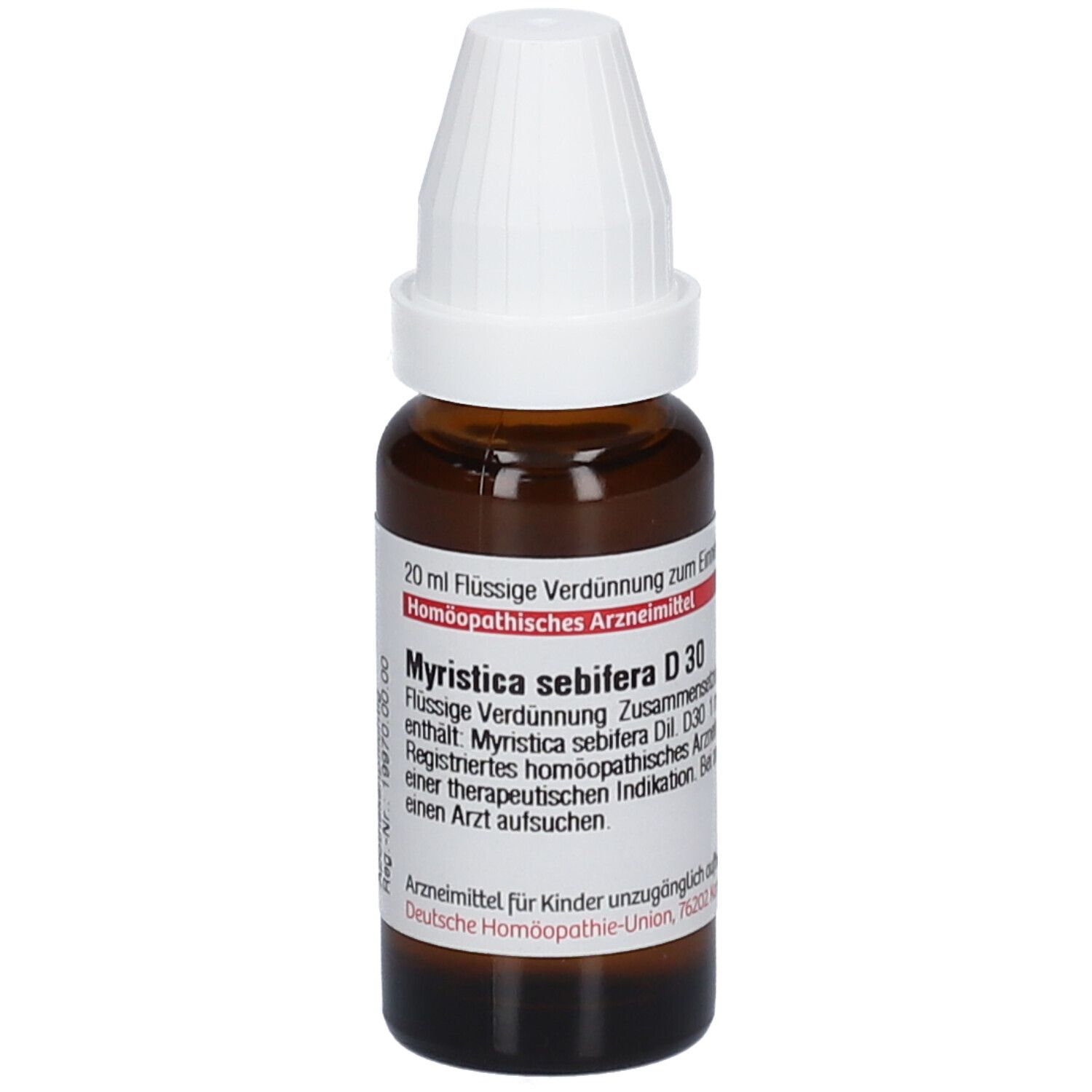 Braune Glasflasche mit weißem Verschluss. Beschriftung: Myristica sebifera D30, 20 ml Flüssige Verdünnung.