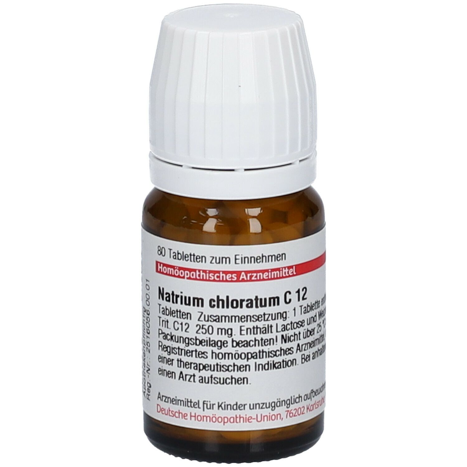 Braune Glasflasche mit weißem Deckel. Etikett mit Text: Natrium chloratum C 12, 80 Tabletten. Homöopathisches Arzneimittel.