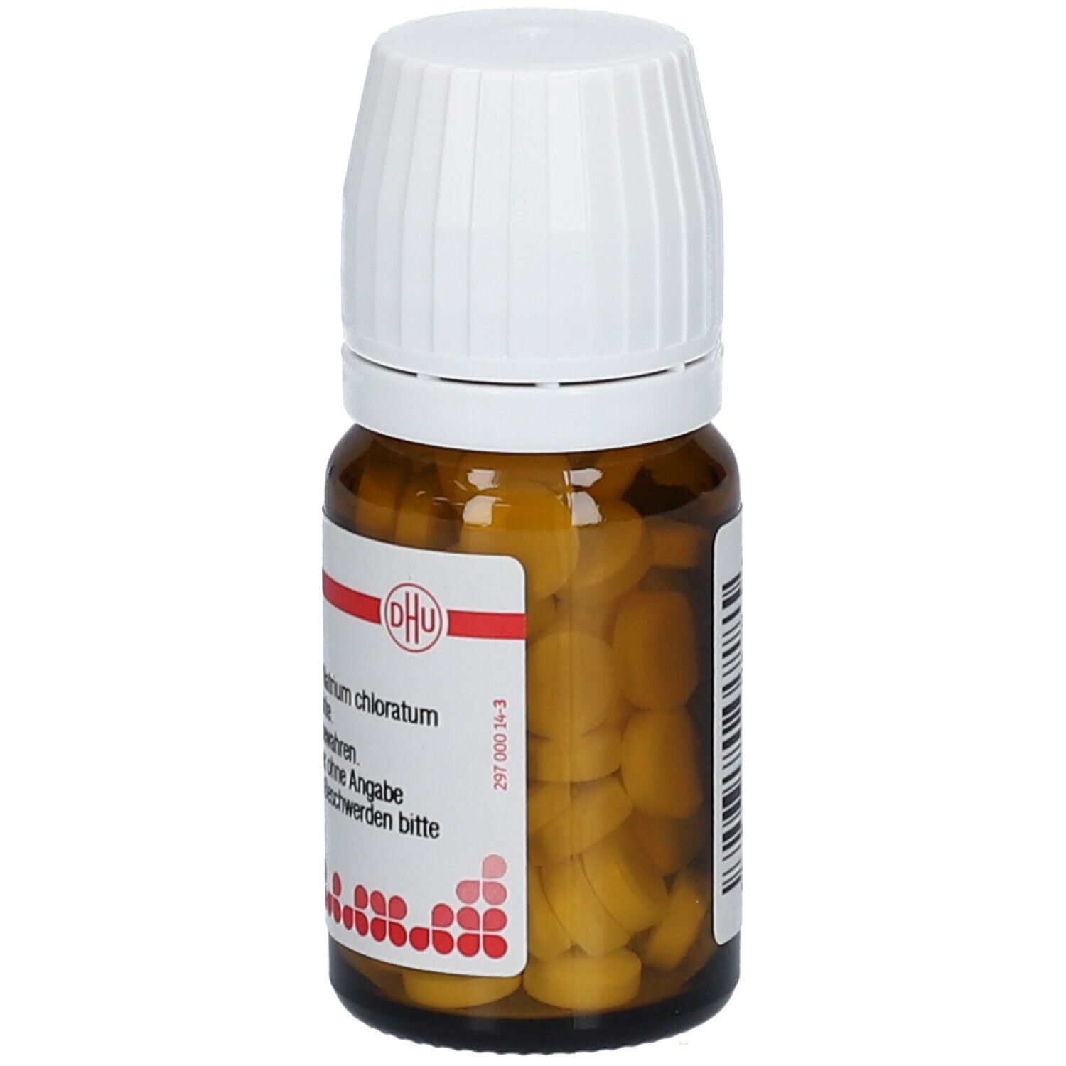 Braune Glasflasche mit weißem Deckel. Etikett mit Text. Enthält Tabletten. Homöopathisches Arzneimittel. DHU Logo.