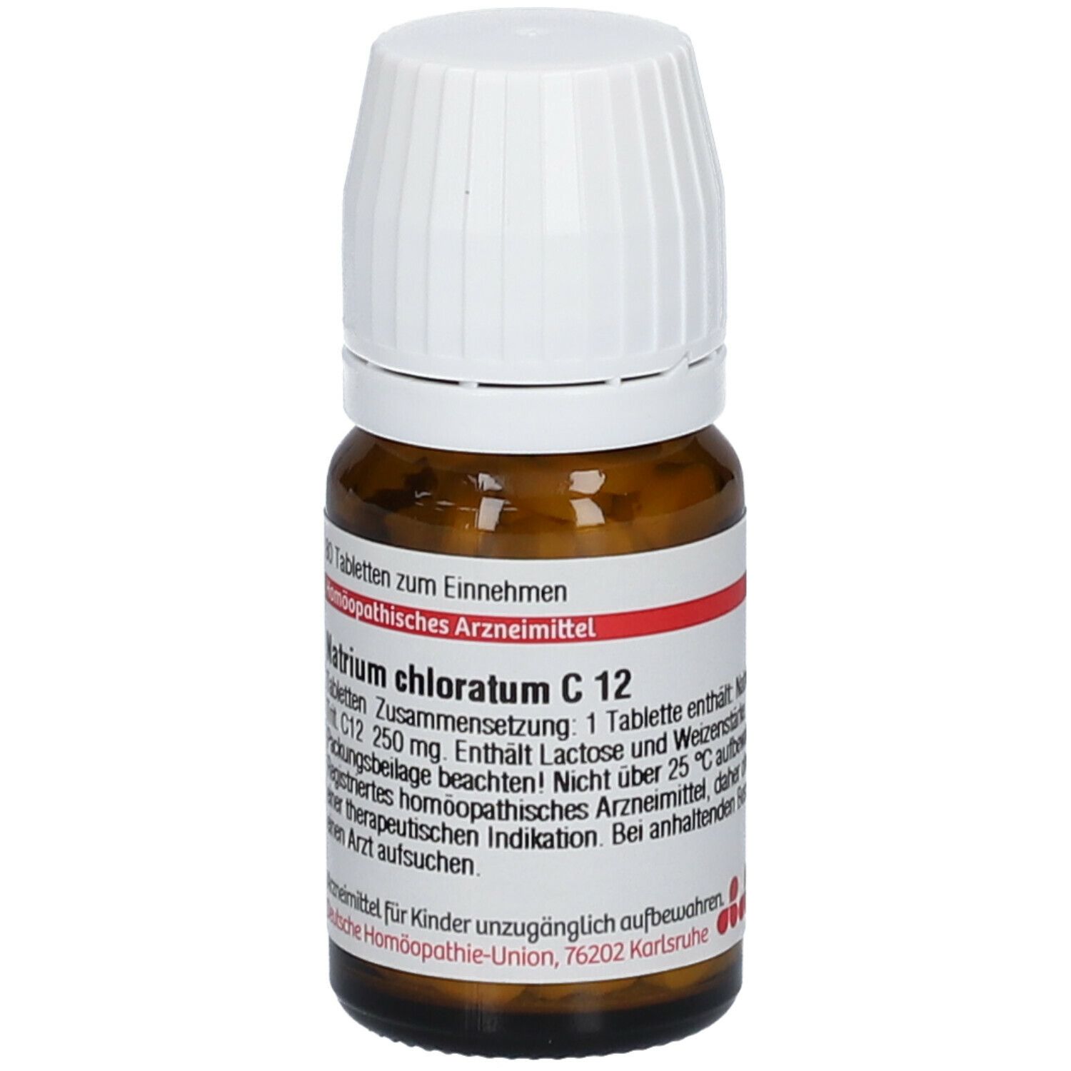 Braune Glasflasche mit weißem Deckel. Etikett mit Text: Natrium chloratum C 12, 80 Tabletten. Homöopathisches Arzneimittel.