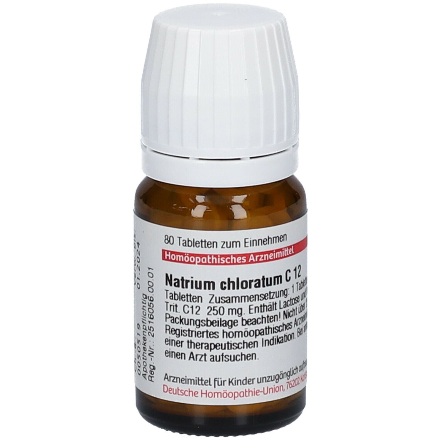 Braune Glasflasche mit weißem Deckel. Etikett mit Text: Natrium chloratum C 12, 80 Tabletten. Homöopathisches Arzneimittel.