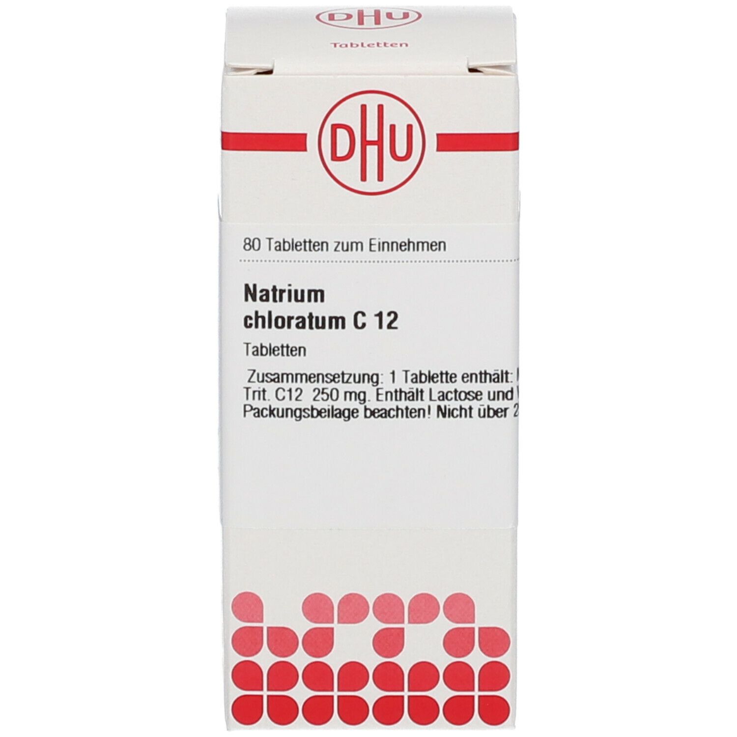 Karton mit Aufschrift: DHU, Natrium chloratum C 12, 80 Tabletten. Homöopathisches Arzneimittel. Rote und weiße Muster.