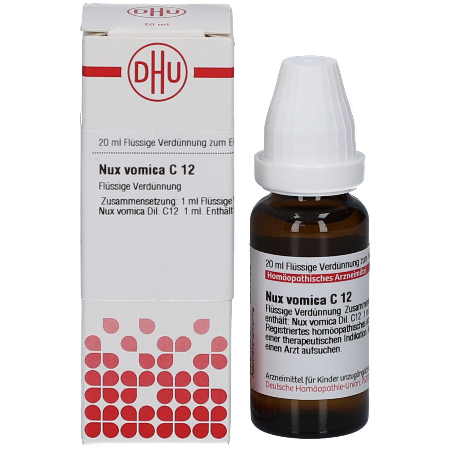 Braune Glasflasche mit weißem Verschluss und Etikett. Daneben eine weiße Schachtel mit roter Schrift.