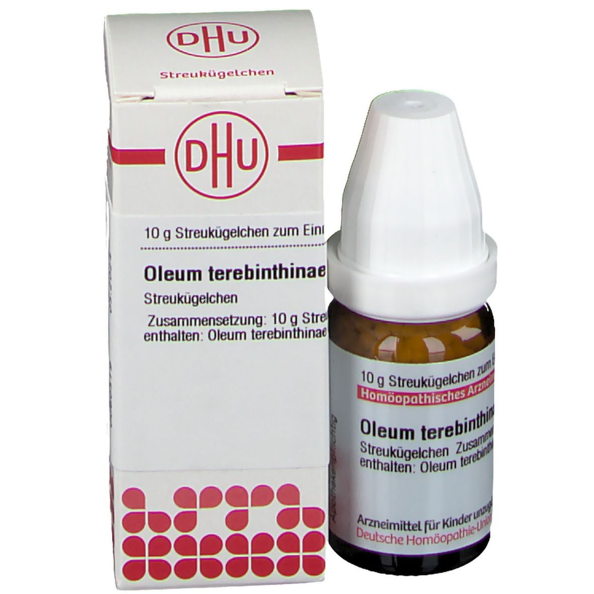 Produktflasche und Verpackung. Beschriftung: DHU, Oleum terebinthinae, 10 g Streukügelchen.