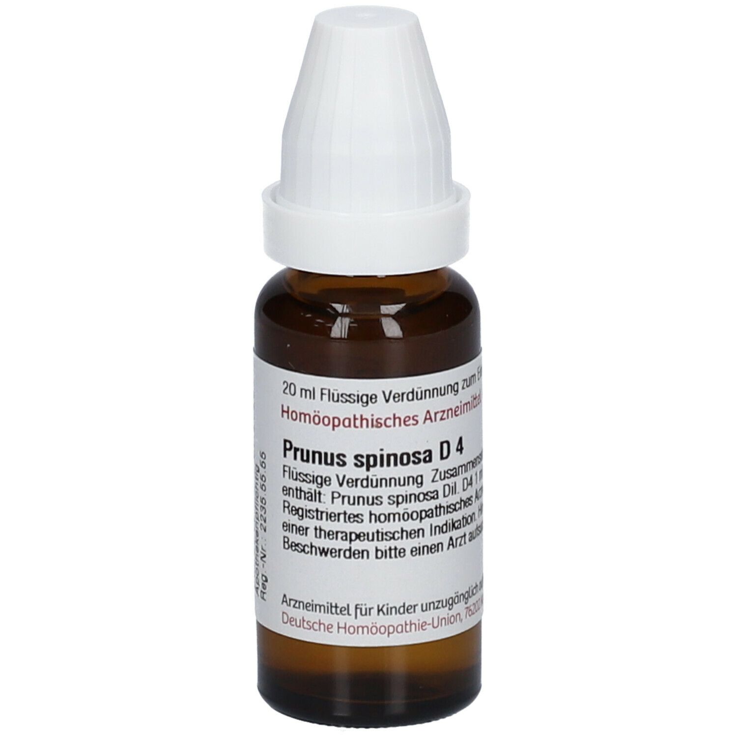 Braune Glasflasche mit weißem Verschluss. Beschriftung: Prunus spinosa D4, 20 ml flüssige Verdünnung. Deutsche Homöopathie-Union.