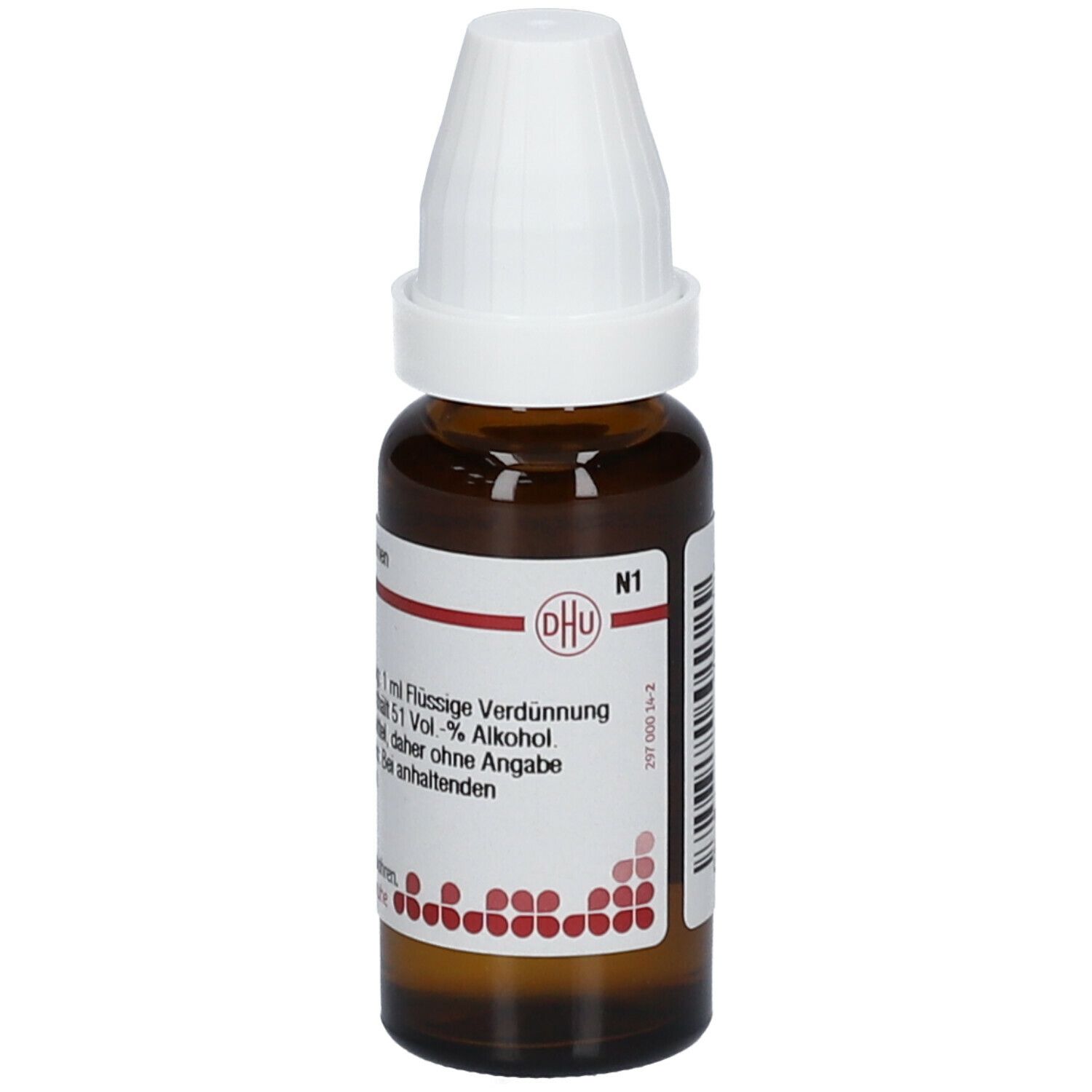 Braune Glasflasche mit weißem Verschluss. Etikett mit DHU-Logo und Informationen. Aufschrift: 10 ml flüssige Verdünnung, Prunus spinosa D4.