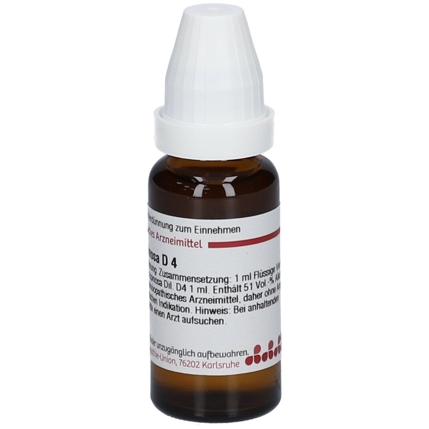 Braune Glasflasche mit weißem Verschluss. Etikett mit Informationen. Aufschrift: Prunus spinosa D4, 1 ml flüssige Verdünnung. Homöopathisches Arzneimittel.