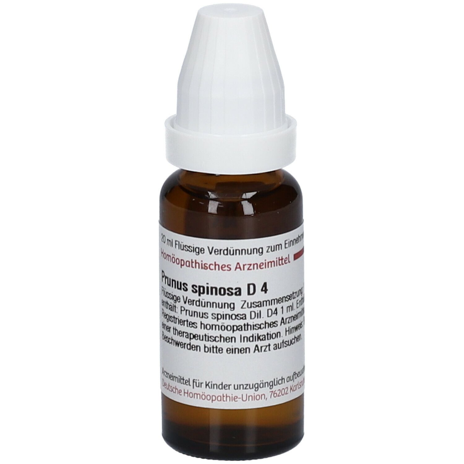 Braune Glasflasche mit weißem Verschluss. Etikett mit Informationen. Aufschrift: Prunus spinosa D4, 10 ml flüssige Verdünnung. Homöopathisches Arzneimittel.