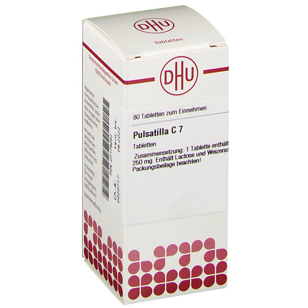 DHU-Tablettenpackung. Aufschrift: Pulsatilla C7, 80 Tabletten. Weißer Karton mit roter Schrift und Logo.