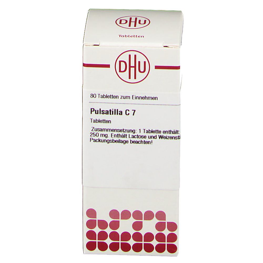 DHU-Tablettenpackung. Aufschrift: Pulsatilla C7, 80 Tabletten. Weißer Karton mit roter Schrift und Logo.