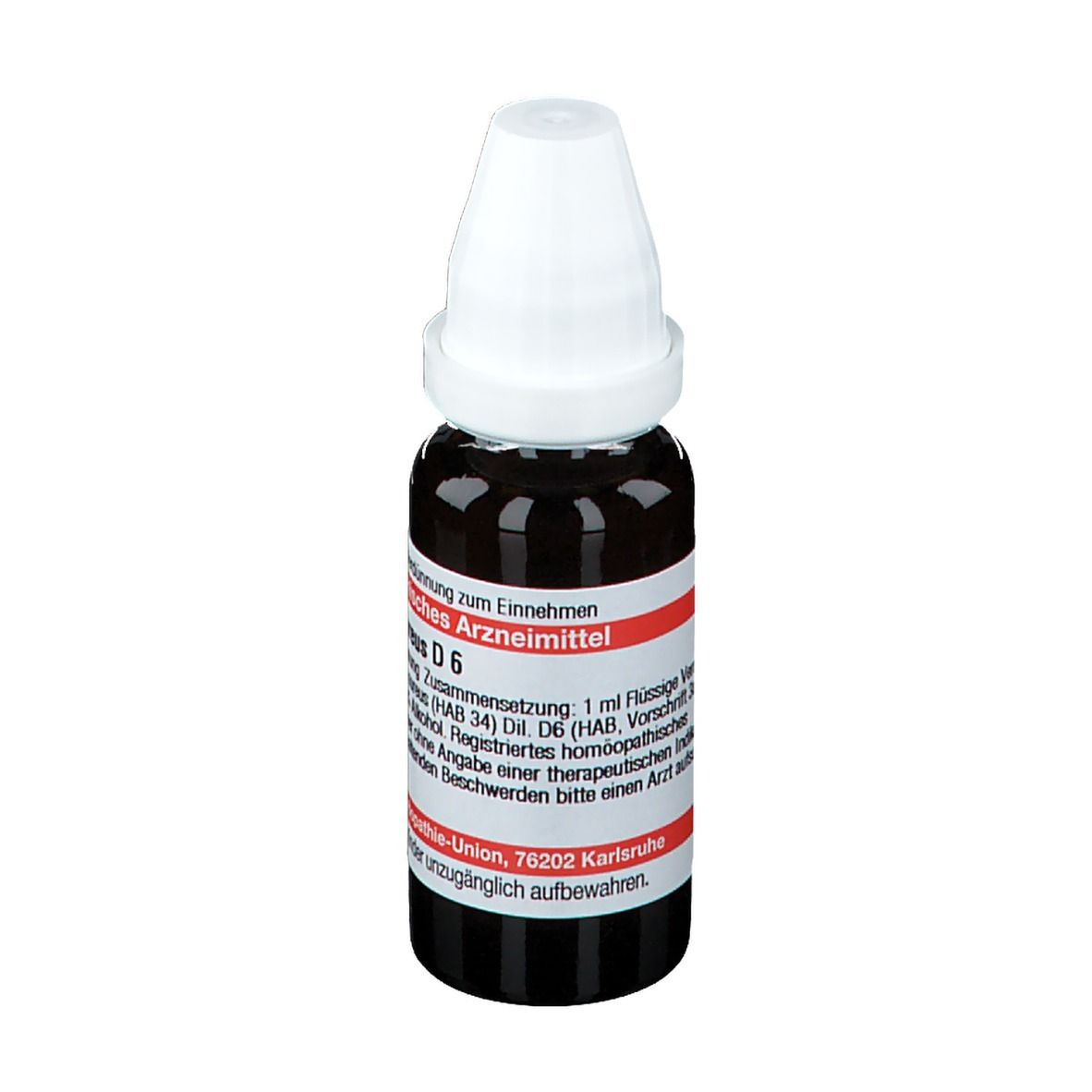 Braune Glasflasche mit weißem Verschluss. Etikett mit Text: Senecio aureus D6. Deutsche Homöopathie-Union.