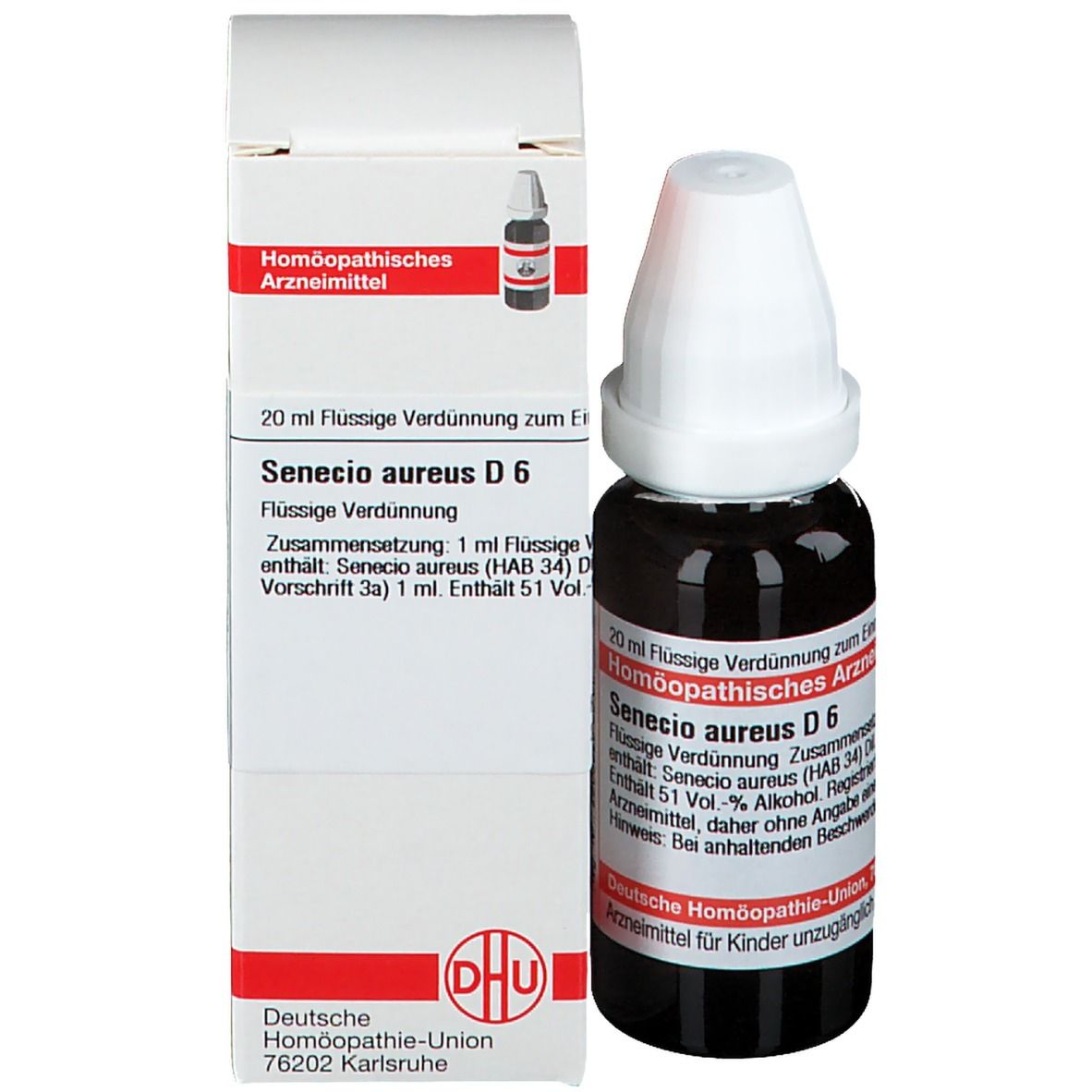 Braune Glasflasche mit weißem Verschluss und Verpackung. Verpackung mit Text: Senecio aureus D6. DHU.