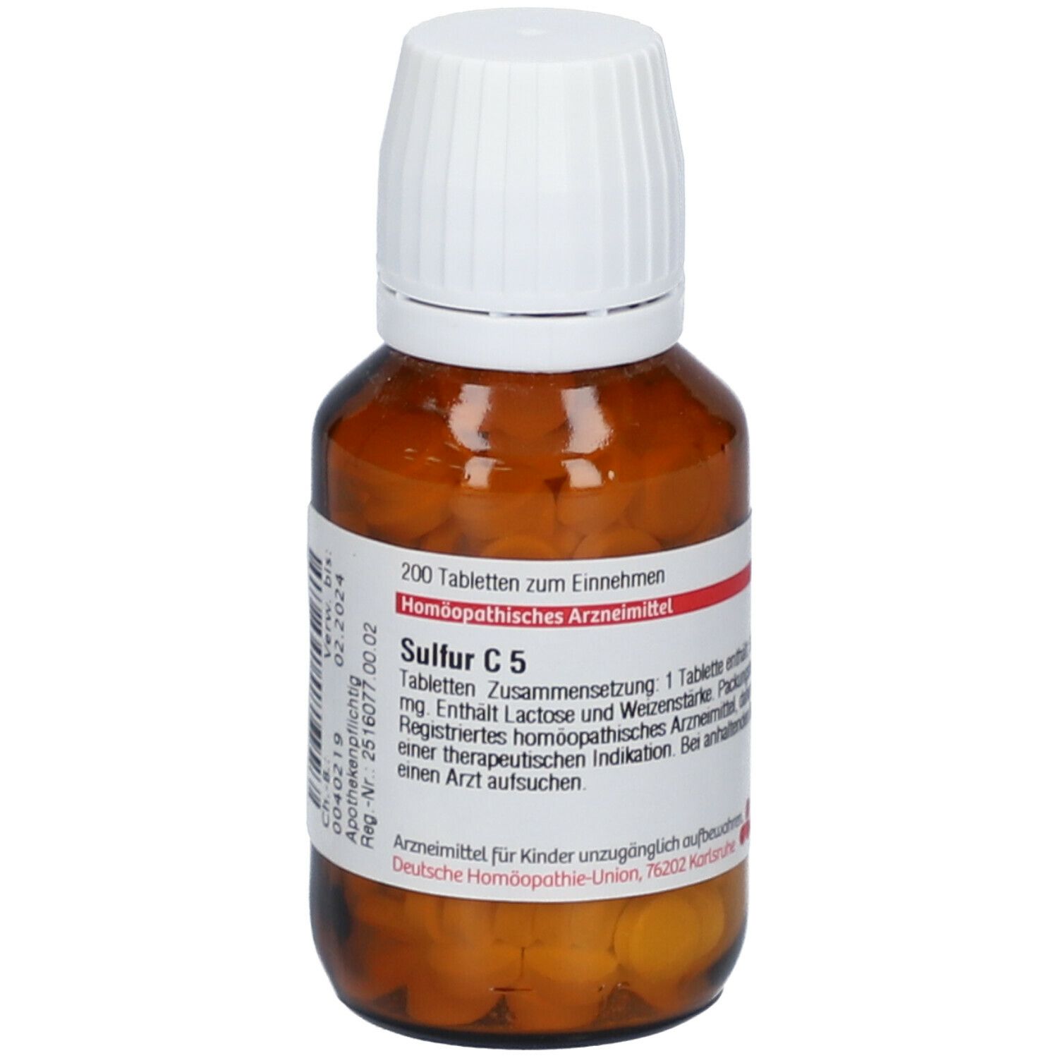 Braune Glasflasche mit weißen Tabletten und weißem Deckel. Etikett mit Produktnamen Sulfur C5 und weiteren Informationen.