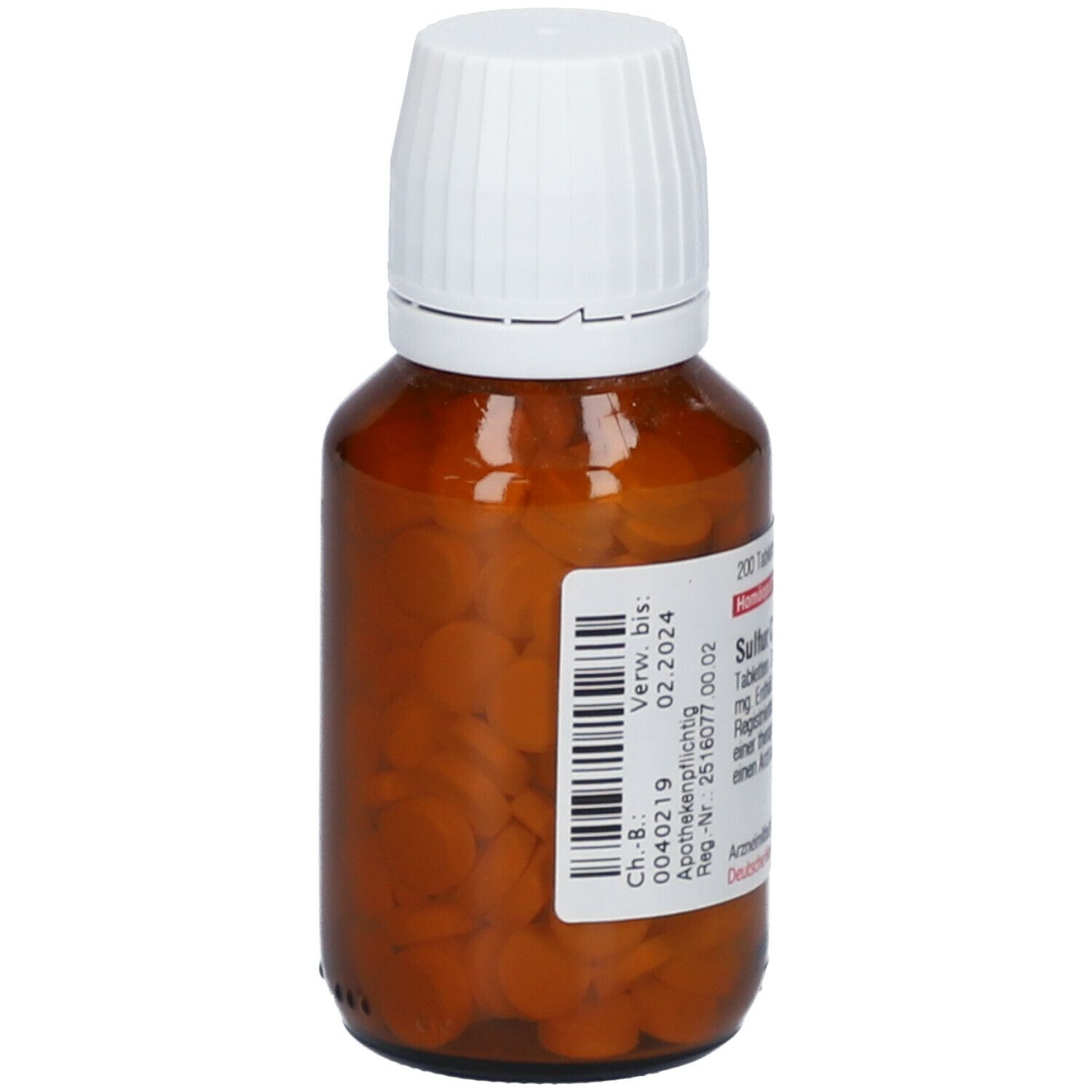 Braune Glasflasche mit weißen Tabletten und weißem Deckel. Rückansicht mit Etikett und Verfallsdatum.