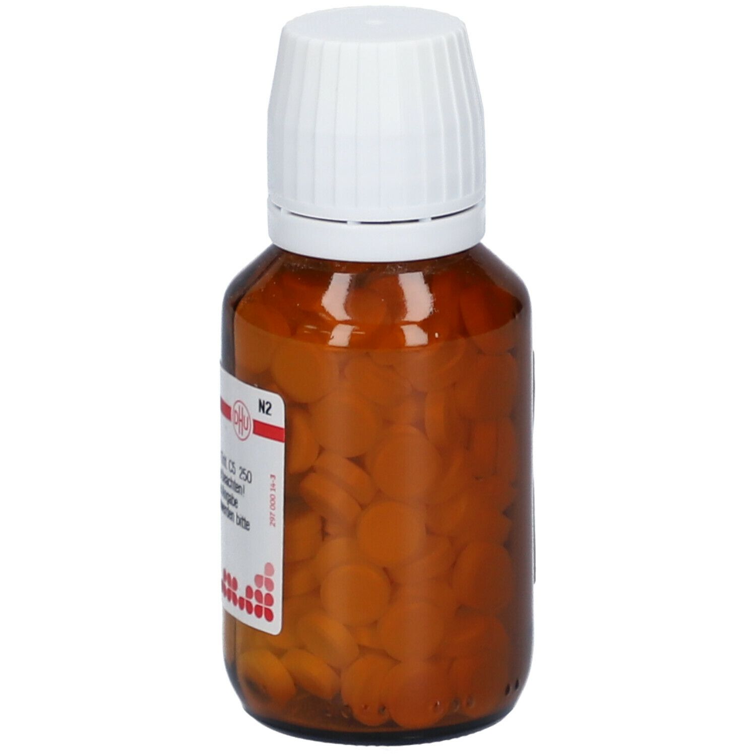 Braune Glasflasche mit weißen Tabletten und weißem Deckel. Etikett mit Produktinformationen und rotem Logo.