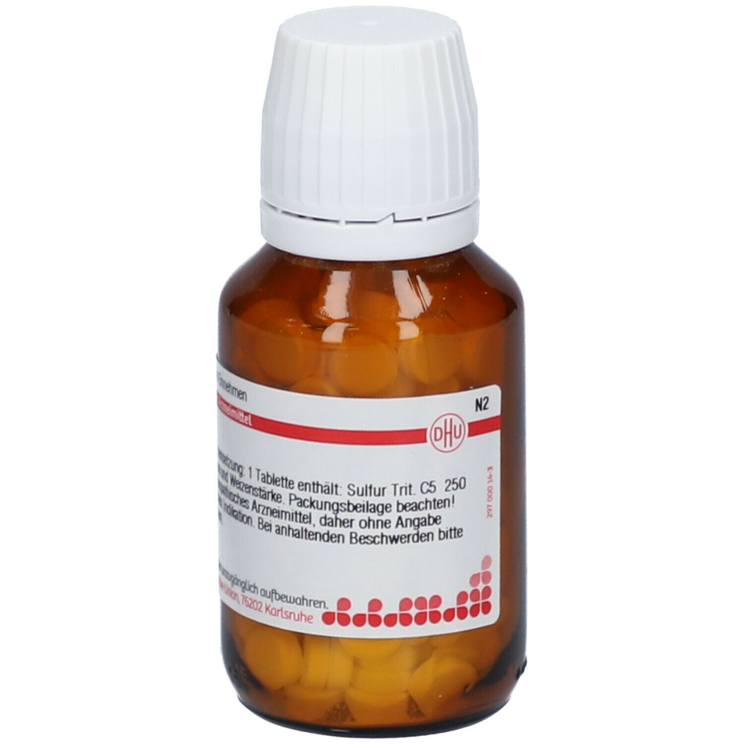 Braune Glasflasche mit weißen Tabletten und weißem Deckel. Etikett mit Produktinformationen und rotem Logo.