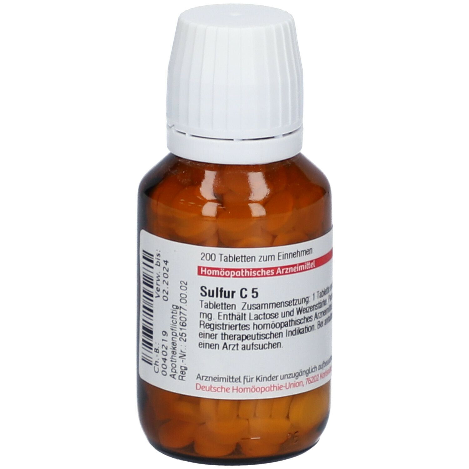Braune Glasflasche mit weißen Tabletten und weißem Deckel. Etikett mit Produktnamen Sulfur C5 und weiteren Informationen.