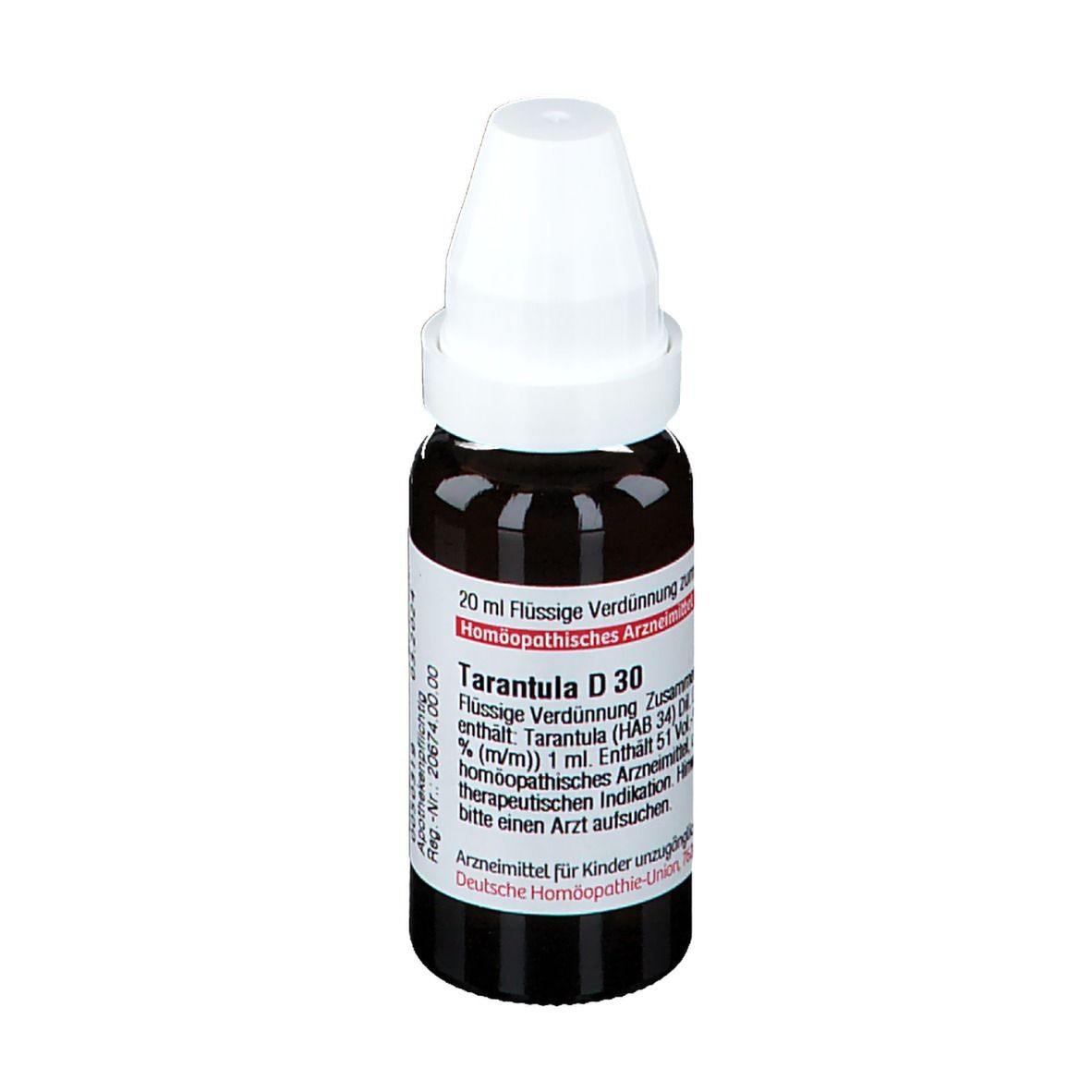 Braune Glasflasche mit weißem Deckel. Etikett mit Text: Tarantula D 30, 20 ml Flüssige Verdünnung. Deutsche Homöopathie-Union.
