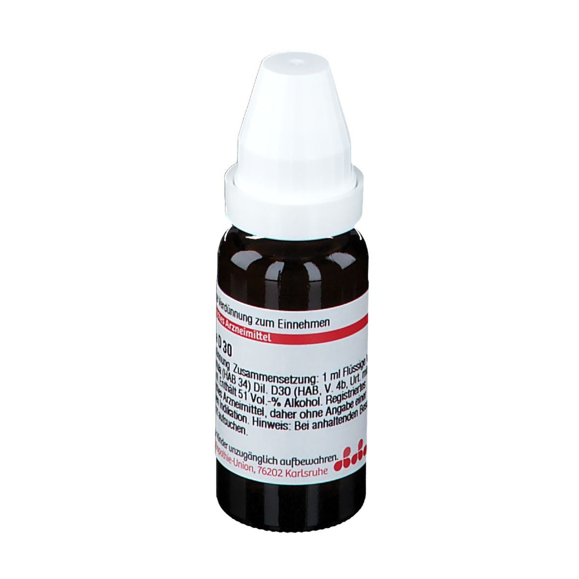 Braune Glasflasche mit weißem Deckel. Etikett mit Text: Tarantula D 30, 20 ml Flüssige Verdünnung. Deutsche Homöopathie-Union.