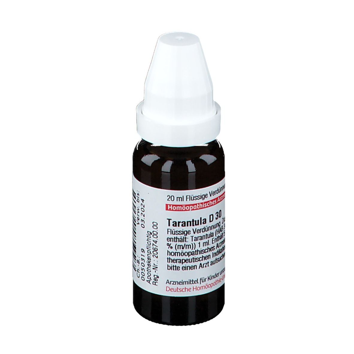 Braune Glasflasche mit weißem Deckel. Etikett mit Text: Tarantula D 30, 20 ml Flüssige Verdünnung. DHU.