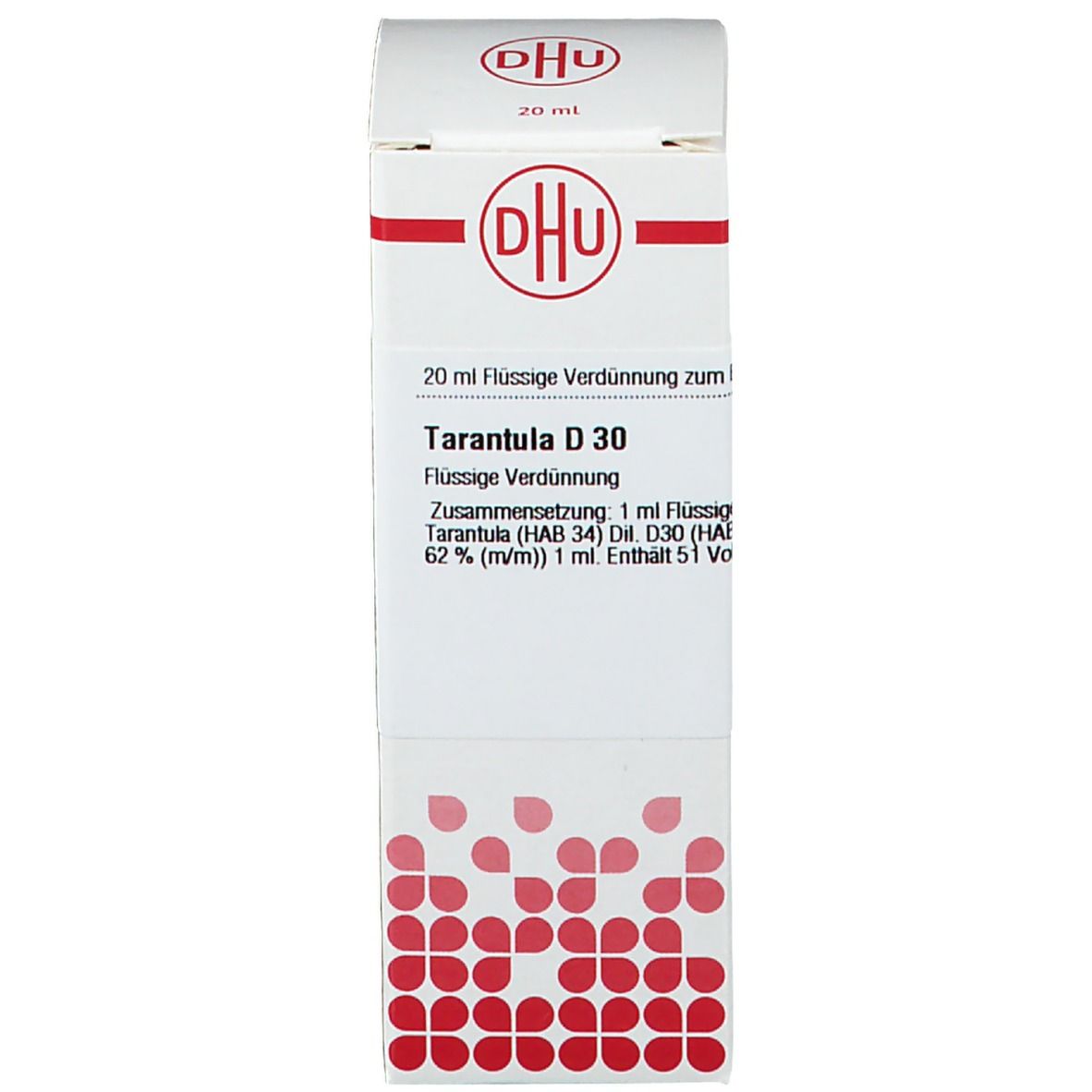 Weiße Verpackung mit DHU-Logo. Enthält eine braune Glasflasche mit weißem Deckel. Etikett mit Text: Tarantula D 30.