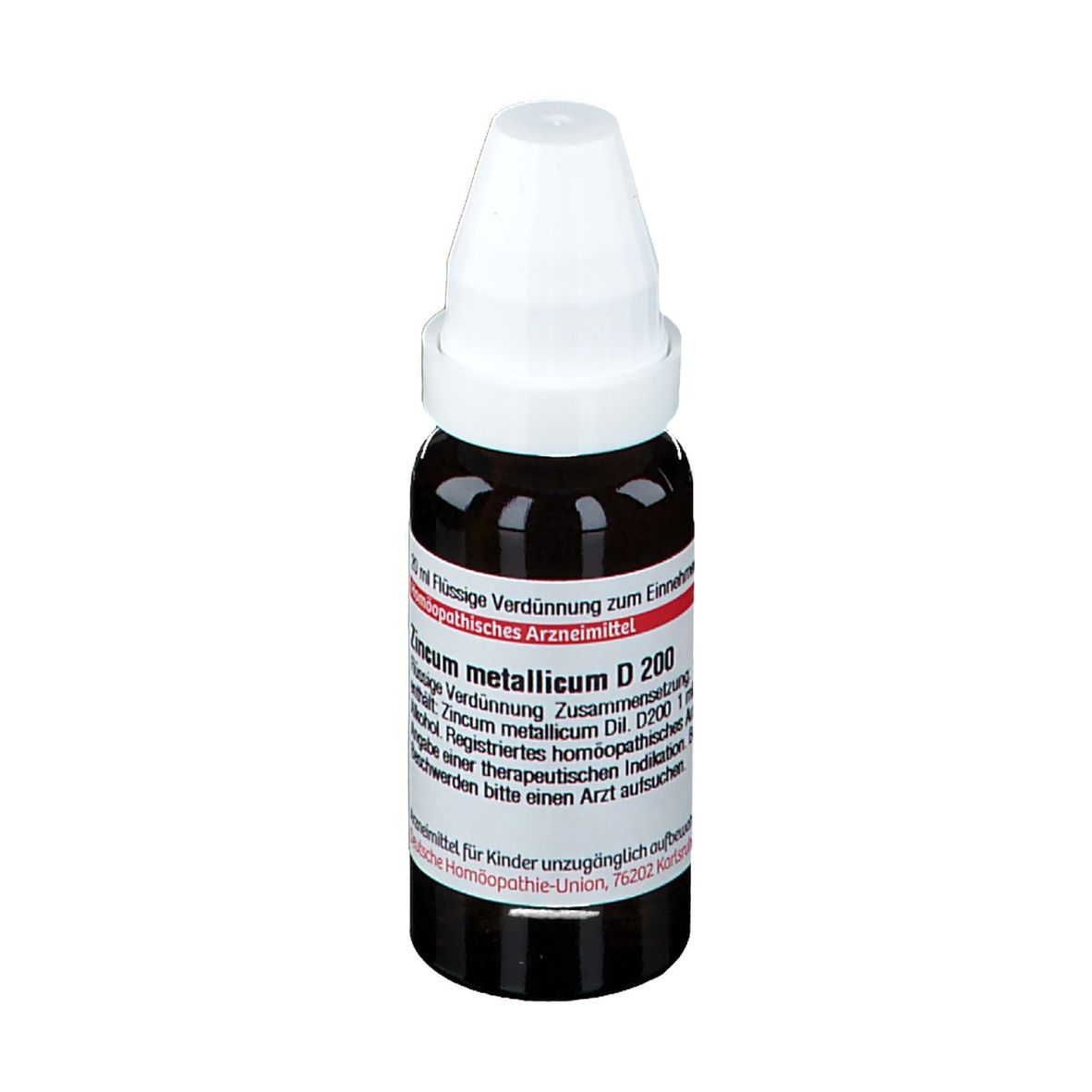 Braune Tropfflasche mit weißem Verschluss. Beschriftung: Zincum metallicum D 200, 20 ml.