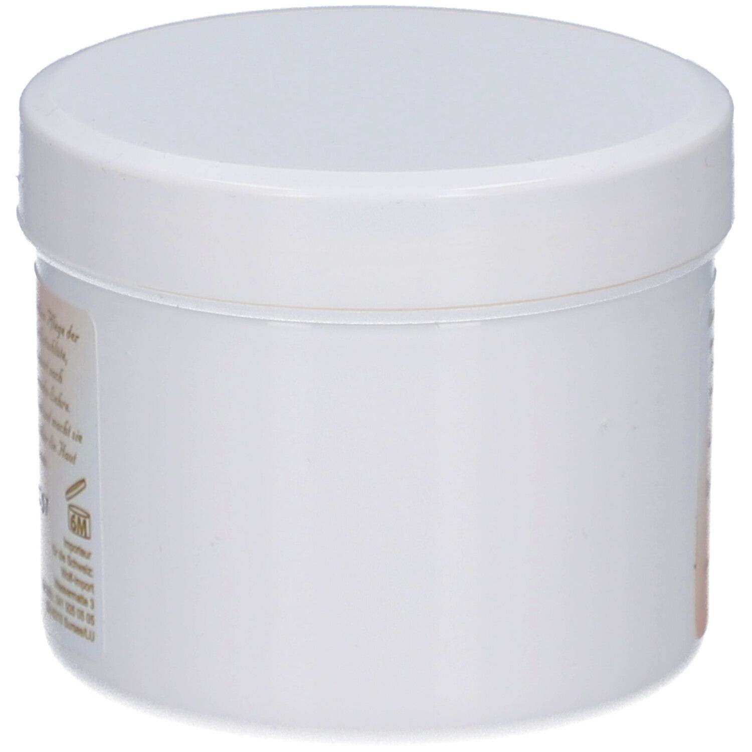 Weißer Tiegel mit Deckel. Seitenansicht. Keine Textinformationen sichtbar.