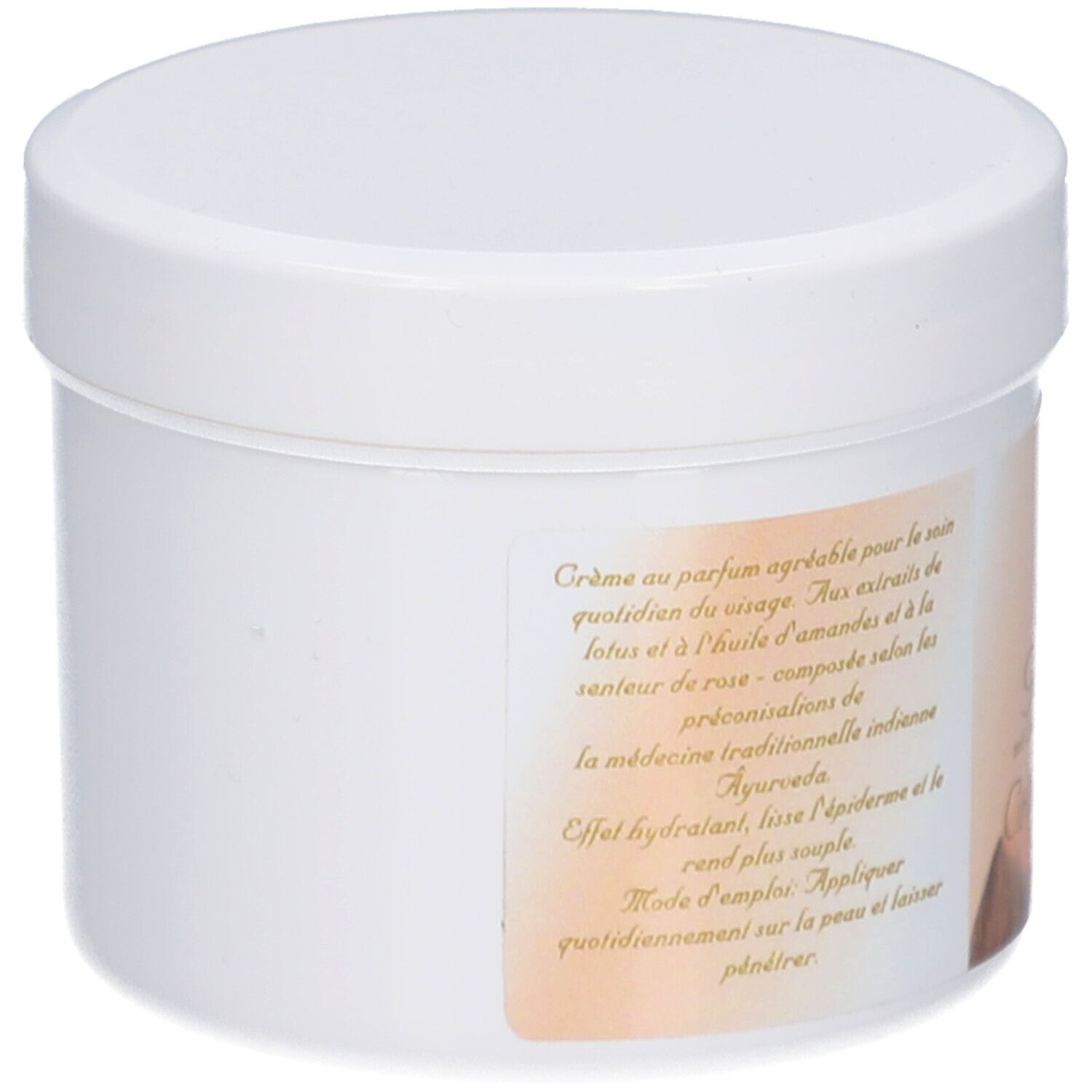 Weißer Tiegel mit Deckel. Etikett mit Text: Crème au parfum agréable pour le soin quotidien du visage.