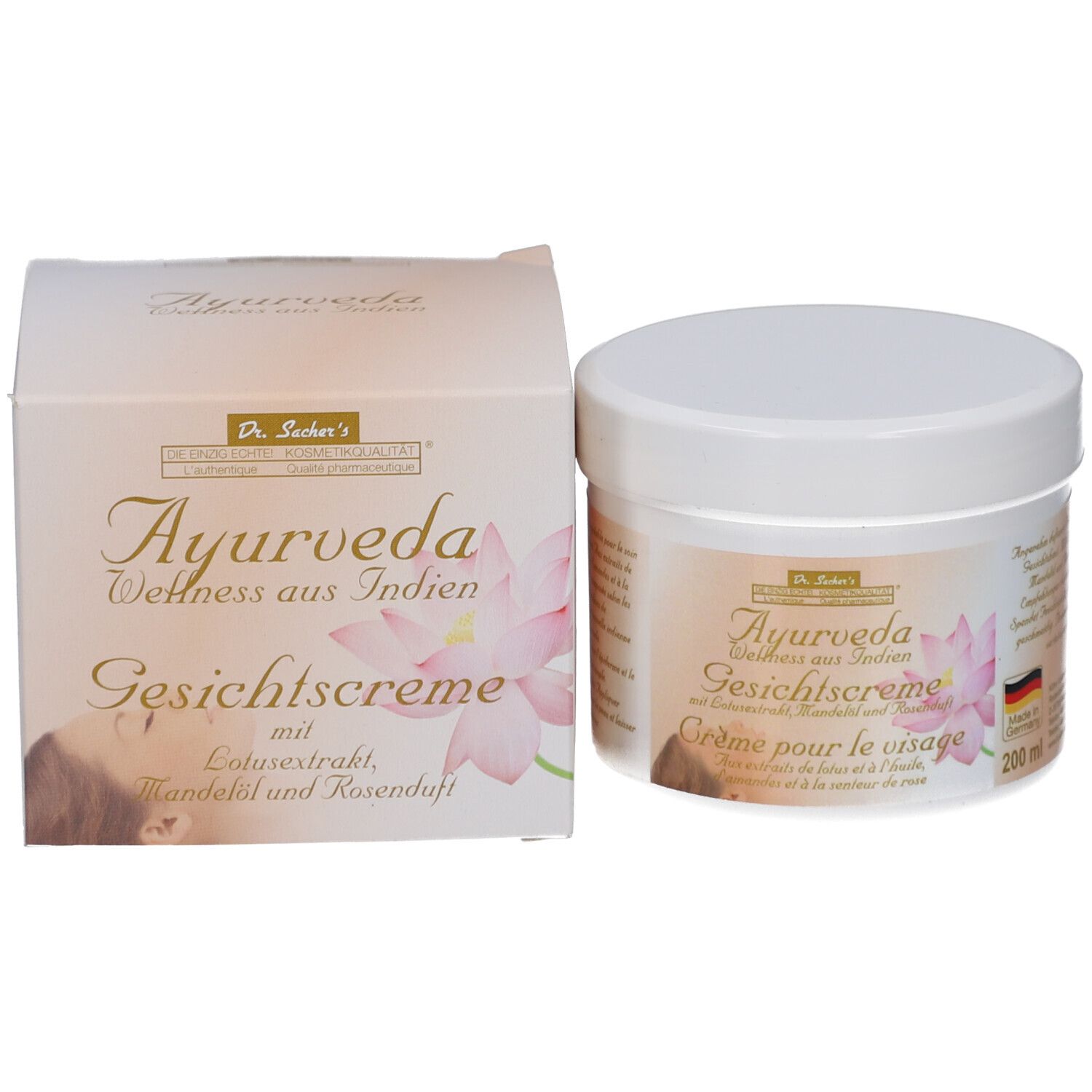 Produktverpackung: Tiegel und Karton. Auf dem Tiegel: Dr. Sacher's Ayurveda Gesichtscreme. Auf dem Karton: Ayurveda Wellness aus Indien.
