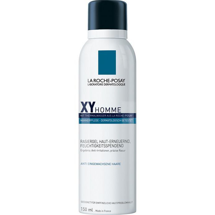 Weißes Rasiergel von La Roche-Posay XY Homme. Mit blauem Logo und schwarzem Deckel. Text: Rasiergel, haut-erneuernd, feuchtigkeitsspendend.
