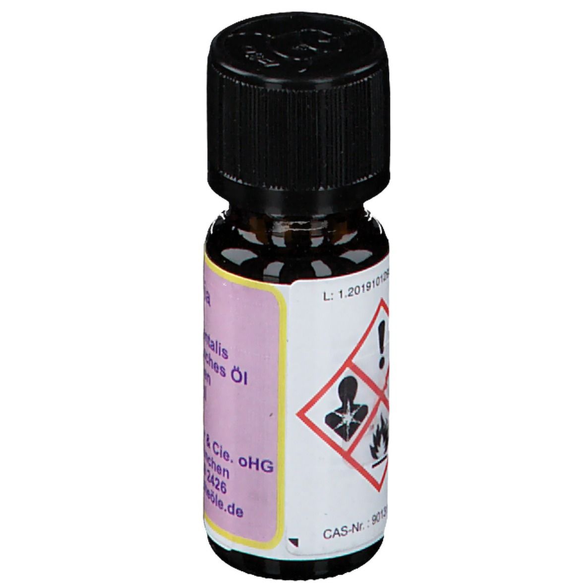 Braune Glasflasche mit schwarzem Deckel. Etikett mit Gefahrensymbolen und Text.