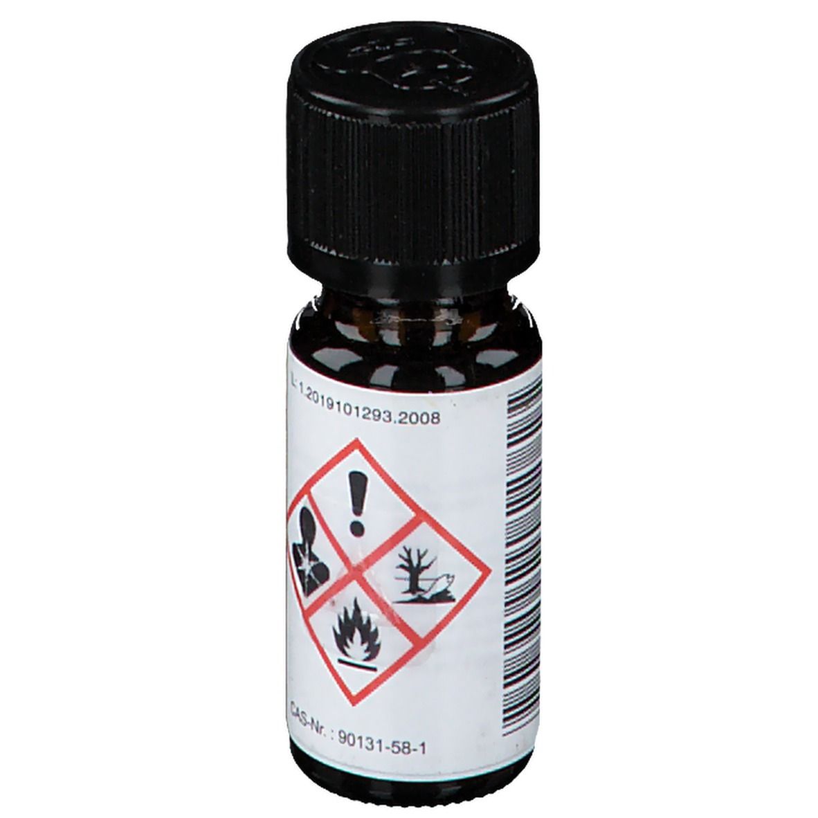 Braune Glasflasche mit schwarzem Deckel. Etikett mit Gefahrensymbolen und Text.