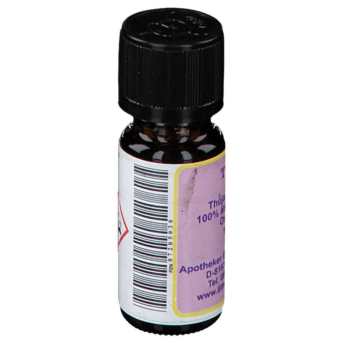 Braune Glasflasche mit schwarzem Deckel. Etikett mit Text und Gefahrensymbolen.