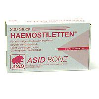 Weiße Schachtel mit roter Schrift: HAEMOSTILETTEN, ASID BONZ. Enthält 200 Stück. Für einmaligen Gebrauch bestimmt.