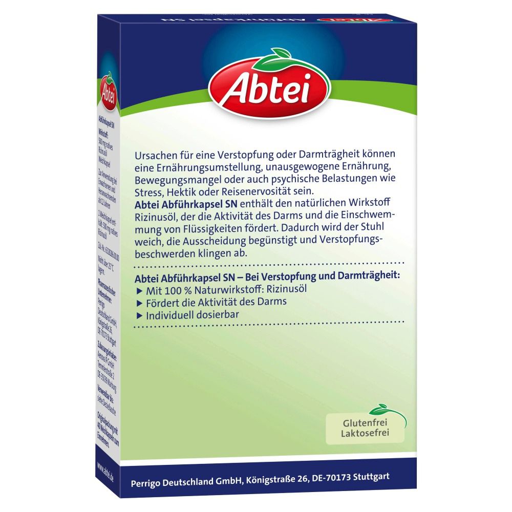 Rückseite der Abtei Abführkapsel SN-Packung. Text über Ursachen von Verstopfung und Darmträgheit. Gluten- und laktosefrei.