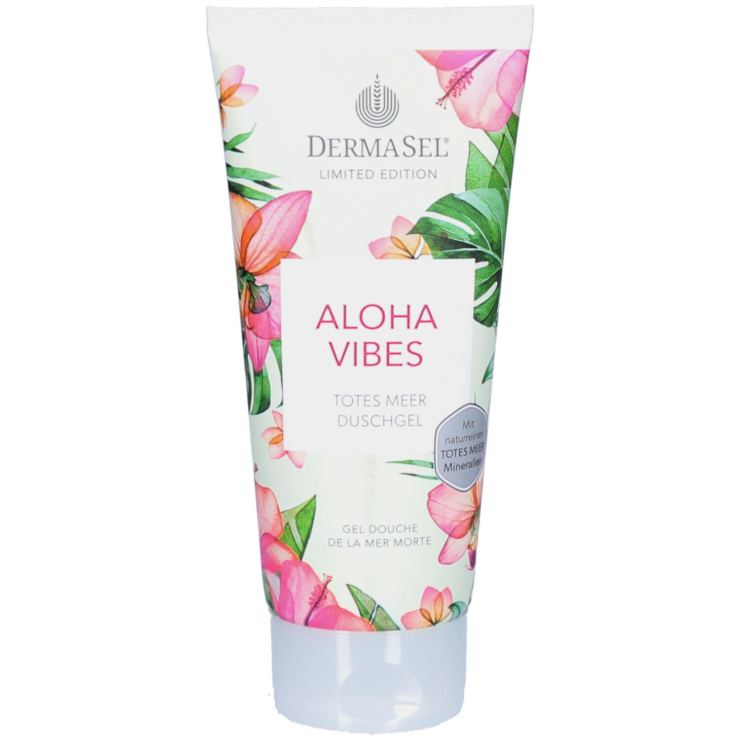 Weiß-rosa Tube mit floralem Muster und Schriftzug "Aloha Vibes". Marke: DERMASEL. "Totes Meer Duschgel".