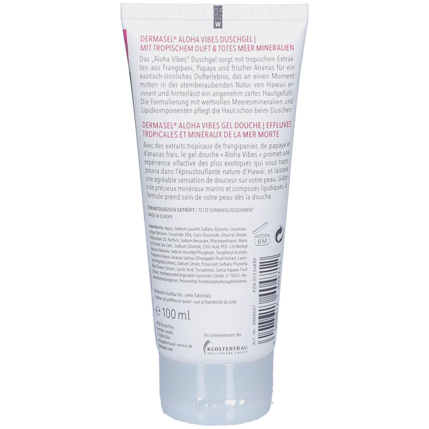 Rückseite einer weißen Tube. Text in Deutsch und Französisch. Marke: DERMASEL. "Aloha Vibes Duschgel".