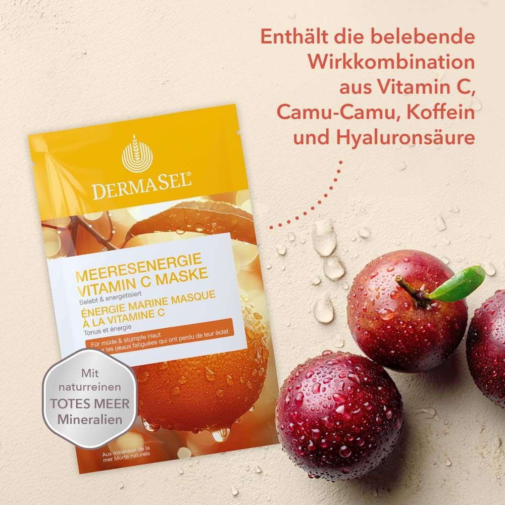 Produktverpackung neben roten Früchten. Text: Meeresenergie Vitamin C Maske. Enthält Vitamin C, Camu-Camu, Koffein und Hyaluronsäure.